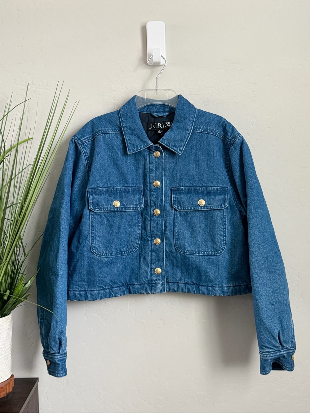 J.Crew NWT Cropped Denim Jacket Gold Crest Buttons Quilted Lined M